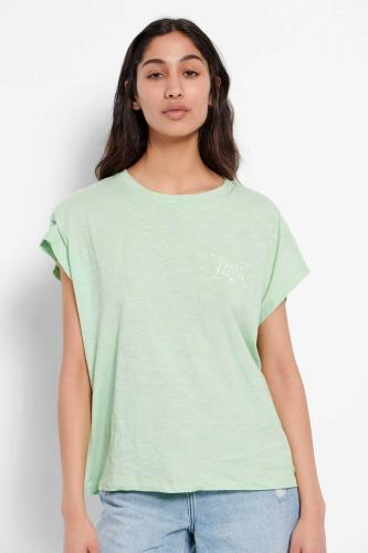 Funky Buddha γυναικείο βαμβακερό T-shirt μονόχρωμο με τύπωμα στην πλάτη - FBL007-144-04 Πράσινο Φυστικί